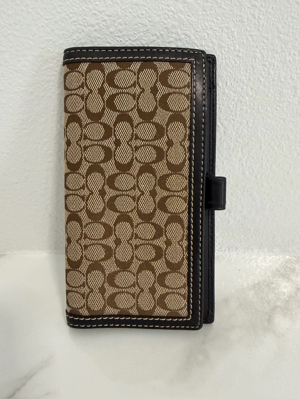 Coach Beige Brown Signature Logo Checkbook Wallet Folding Credit Card